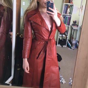 Red leather trench coat